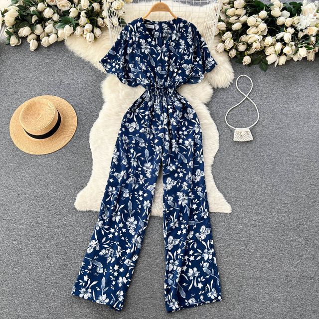 Lucuna - Short-Sleeve V-Neck Floral Wide Leg Jumpsuit | YesStyle