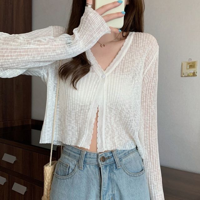 MIKIGA - Long Sleeve Single Button Sheer Knit Cardigan | YesStyle