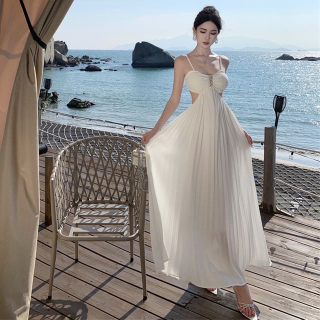 Moanum-Spaghetti Strap Scoop Neck Plain Backless Cutout Maxi A-Line Dress