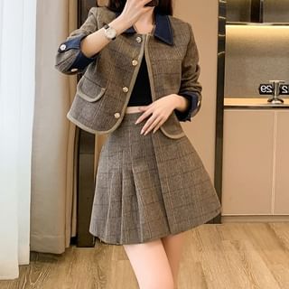 Yilda-Set Denim Collar Plaid Button-Up Jacket High Rise Pleated Mini A-Line Skirt