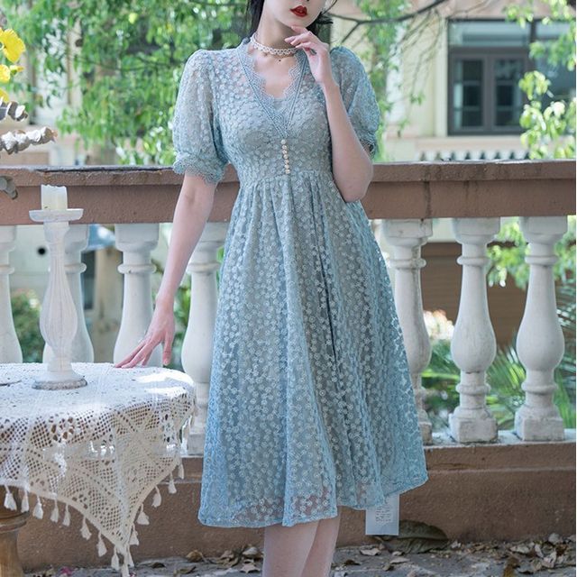 Yolandus - Set: Short-Sleeve Lace A-Line Dress + Slip Dress | YesStyle