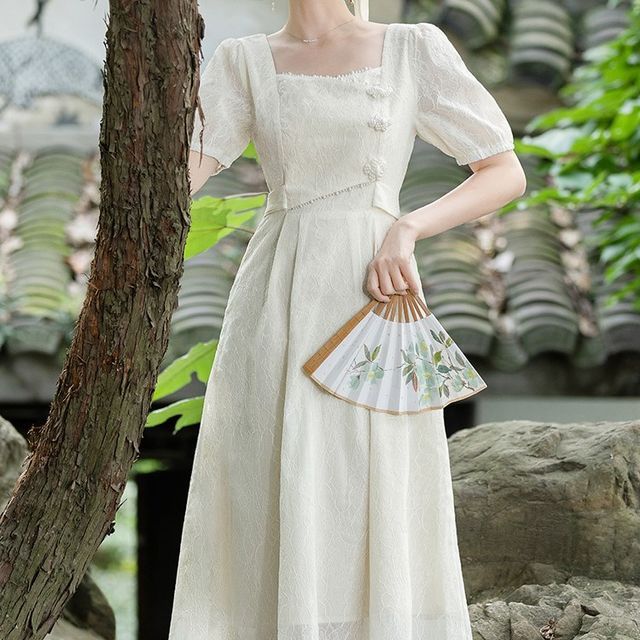 Cocaliso Short-Sleeve Square Neck Plain Midi A-Line Dress YesStyle