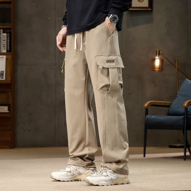 Urtishia-Drawstring Waist Plain Loose Fit Cargo Pants