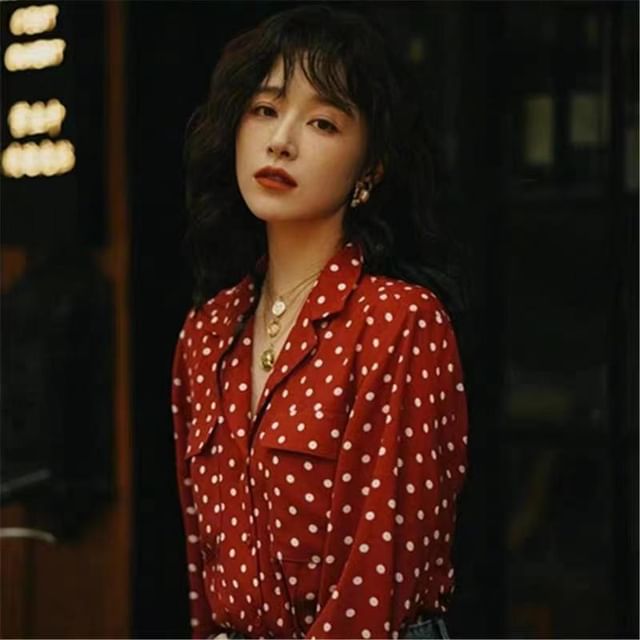 Everose-Long-Sleeve Lapel Collar Dotted Blouse