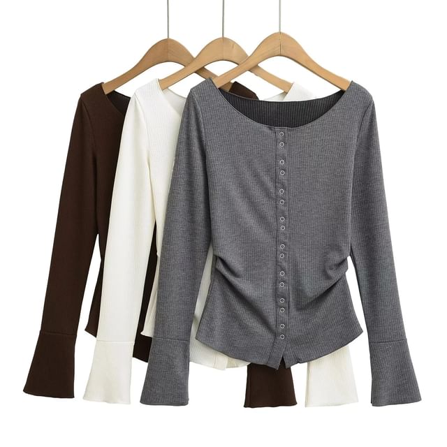 Asiris-Long-Sleeve Boatneck Button-Up Plain Knit Top