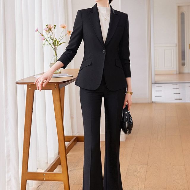 Skyheart - Plain One Buttoned Blazer / High Rise Bootcut Dress Pants / Set  | YesStyle