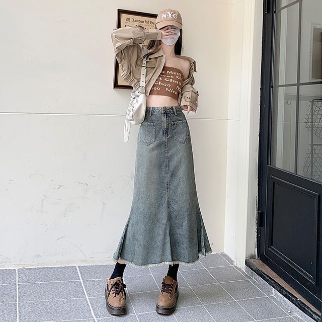 Denim Skirt Outfit Ideas Grey Midi Karnel High Waist Denim Midi A