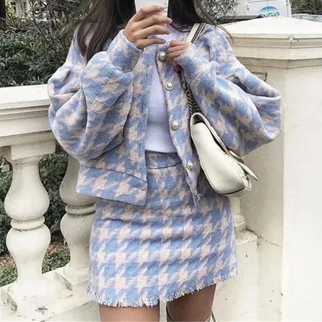 Mini Skirt With Long Coat Check Print High Waisted Mini Skirt