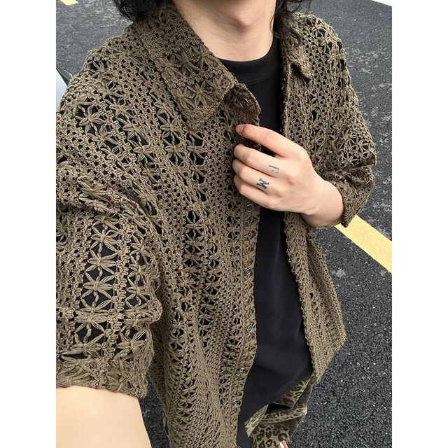 Double White-Short-Sleeve Collared Perforated Plain Cardigan