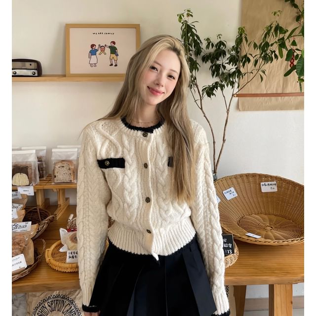 Alfie-Plain Contrast Trim Cable-Knit Cardigan