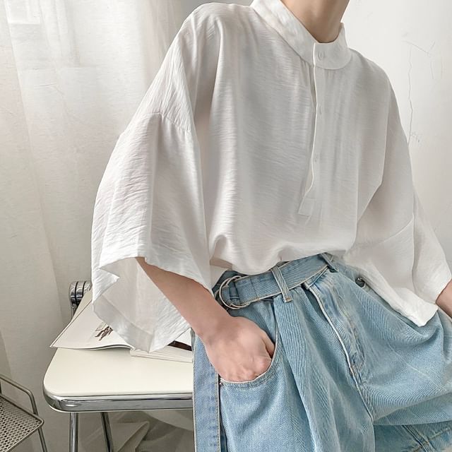 Drawouf-34-Sleeve Stand Collar Plain Half-Button T-Shirt