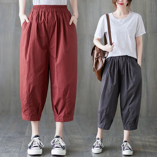 Lewwe-Elastic Waist Plain Cropped Harem Pants