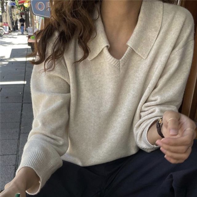 Amatler - Long-Sleeve Open-Collar Knit 