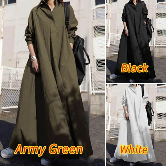 Supernova-Long-Sleeve Collared Linen Plain Maxi A-Line Dress