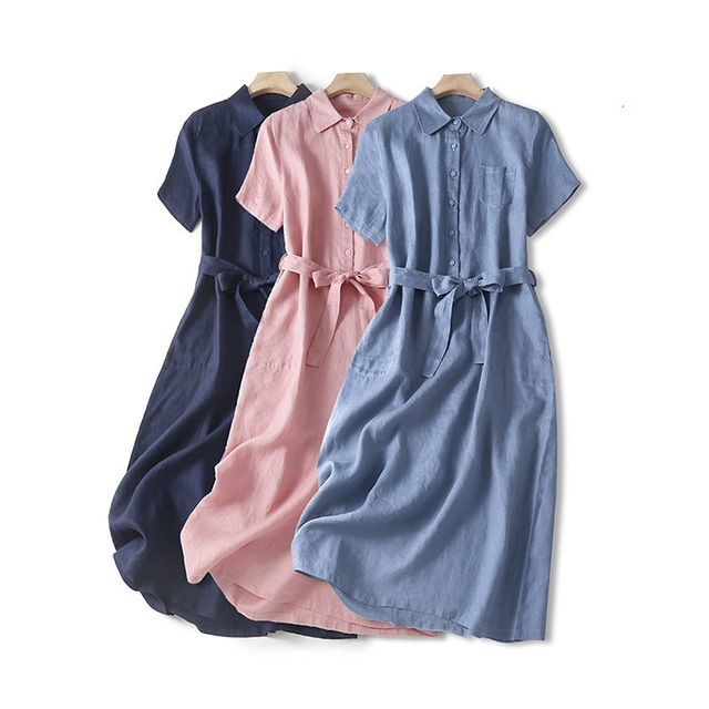 Lewwe-Short-Sleeve Sashed Plain Half-Button Linen Midi A-Line Shirt Dress