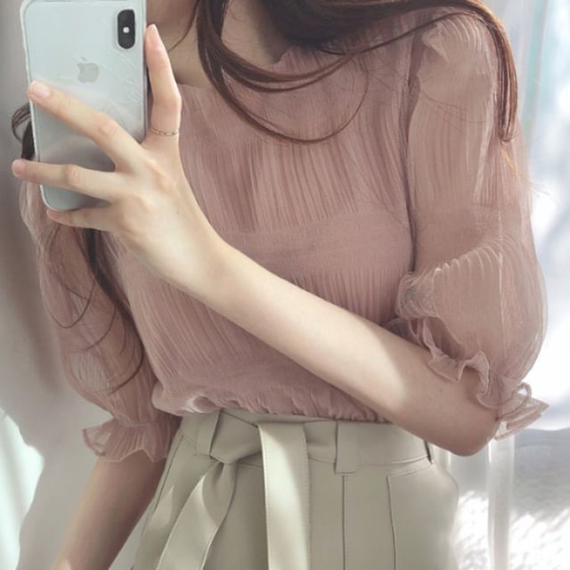 Janerium-Chiffon Puff-Sleeve Top