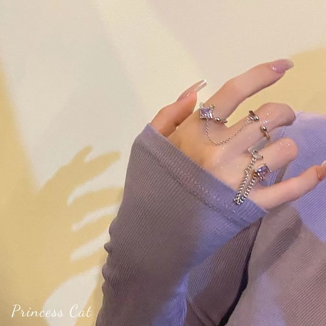 Gemsha-Set of 2 Rhinestone Open Ring Chain Detail Ring