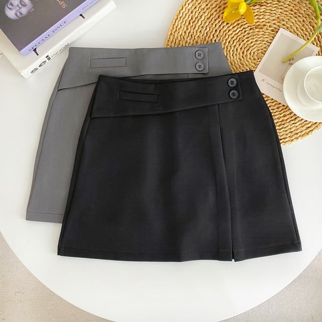 Iasia-High Waist Plain Buttoned Mini A-Line Skirt