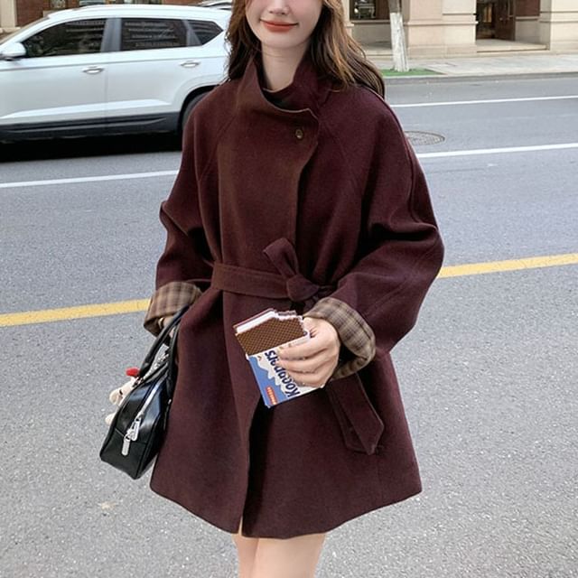 Tzarkozy-Stand Collar Plaid Lining Button Tie Front Coat