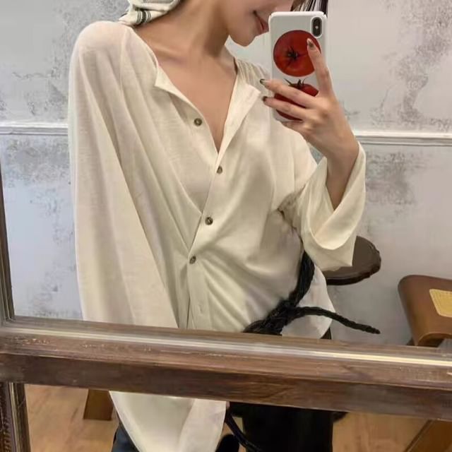 monroll-Long-Sleeve V-Neck Plain Button-Up Shirred Top