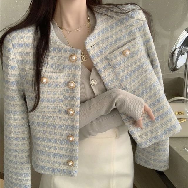 Metonymph-Long Sleeve Round Neck Tweed Pearl Button Cropped Jacket