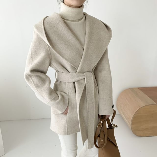 Jesong-Hooded Tie Waist Plain Coat