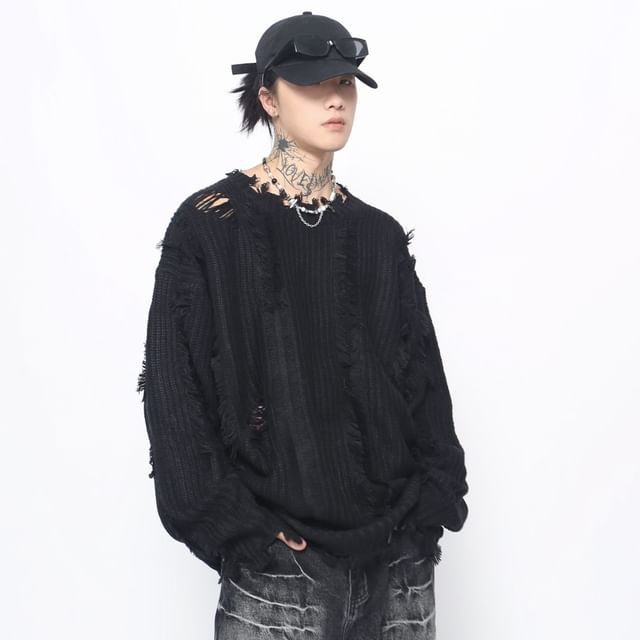Derbundy-Crew Neck Plain Distressed Oversized Sweater