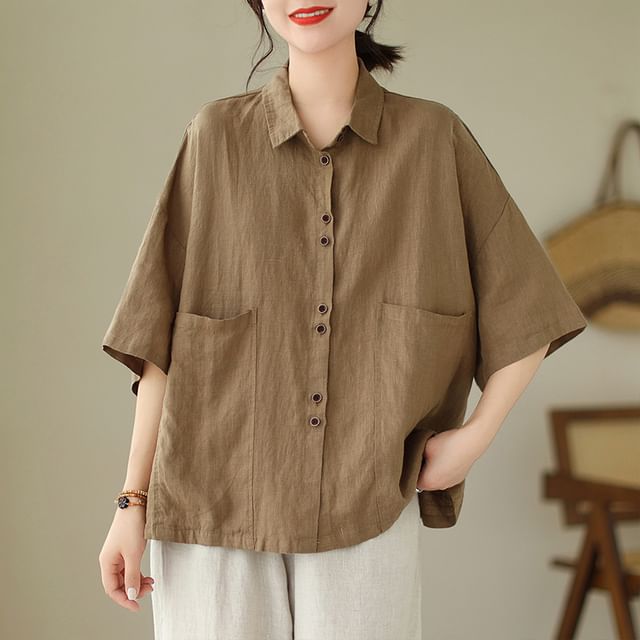 Supernova-Short-Sleeve Plain Button-Up Shirt