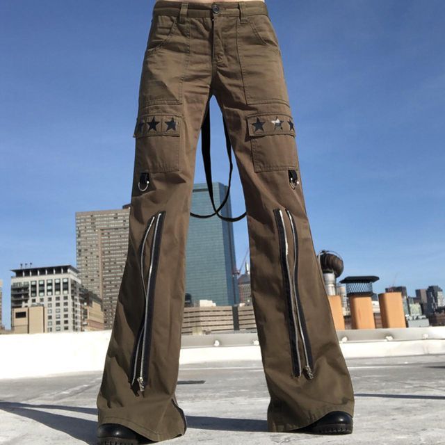 High-Waist Star Print Zip-Detail Boot-Cut Cargo Pants