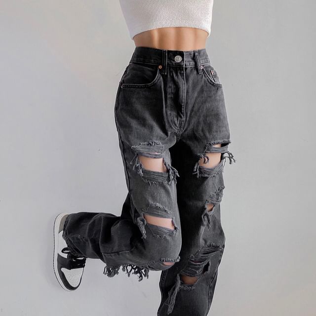 Honet - High Waist Fit Ripped Jeans | YesStyle