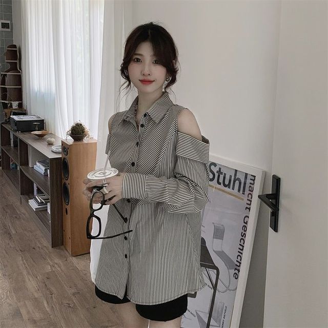 Everose-Cold-Shoulder Long-Sleeve Striped Button-Up Shirt