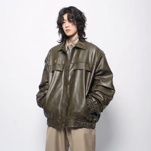 Derbundy-Collared Faux Leather Zip Puffer Jacket