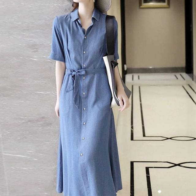 Kwuartz - Short-Sleeve Sashed Denim Midi A-Line Shirt Dress | YesStyle