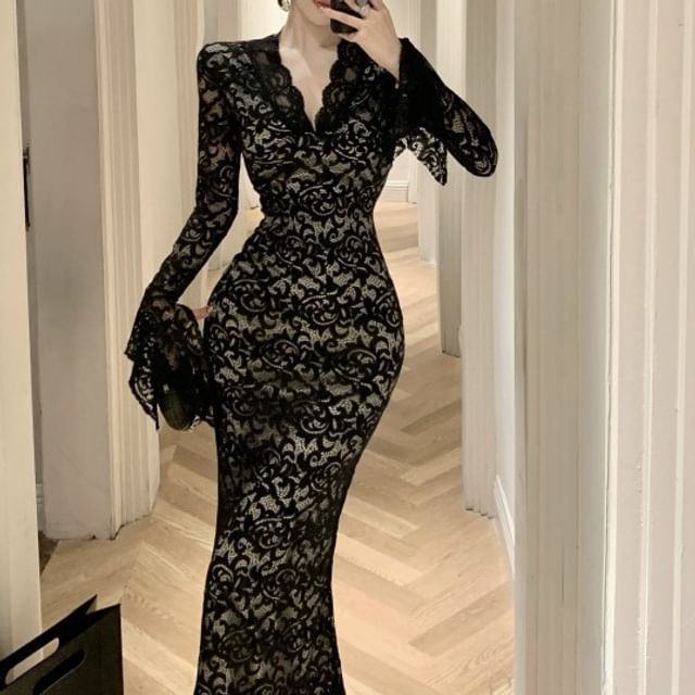 chinese dress ladies Black Illusion Floral Lace Overlay A-Line Dress