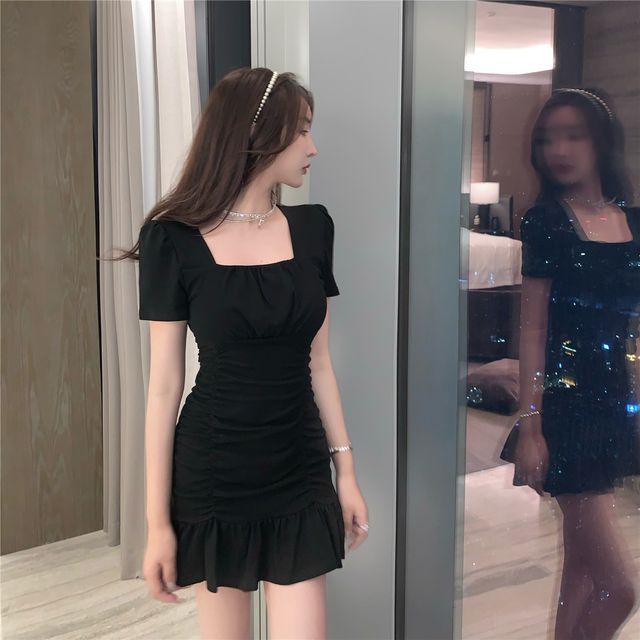 【nene】puffy ocasion dress NENE - Puff Sleeve Square Neck Plain Gathered Mesh Mini A-Line
