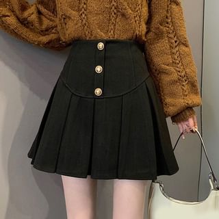 Sisyphi-High Rise Plain Pleated Button Mini A-Line Skirt