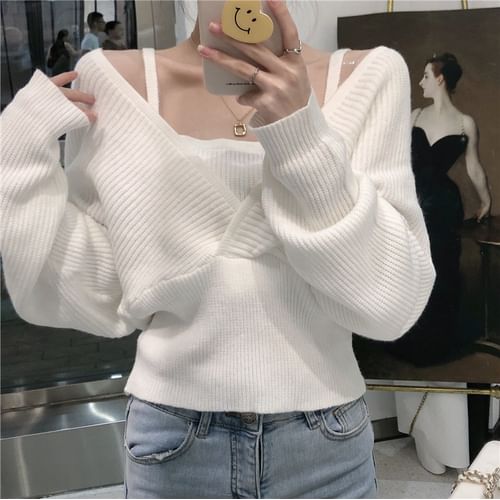 Shinsei - Mock Two-Piece Cold-Shoulder Knit Top | YesStyle