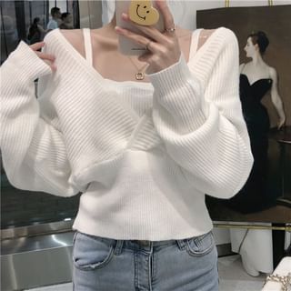 Shinsei - Mock Two-Piece Cold-Shoulder Knit Top | YesStyle