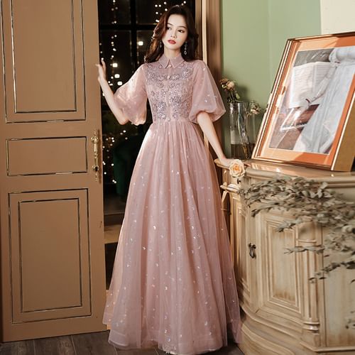 Puff Sleeve Sequined Collared A Line Evening Gown Various Designs