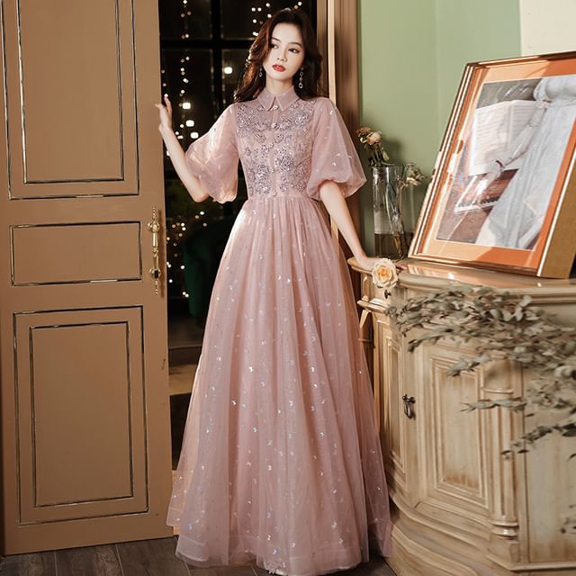 Puff-Sleeve Sequined Collared A-Line Evening Gown (Various Designs) Puff-Sleeve Sequined Collared A-Line Evening Gown (Various Designs)