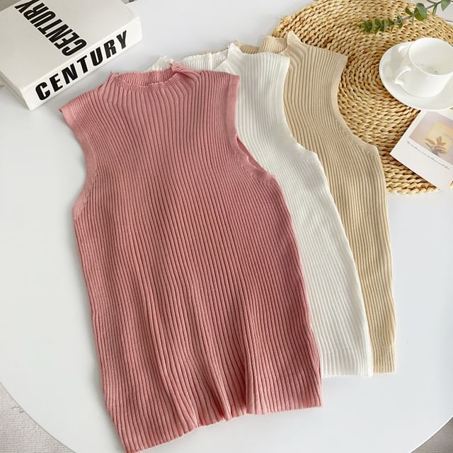 Iasia-Mock Neck Plain Ribbed Knit Tank Top