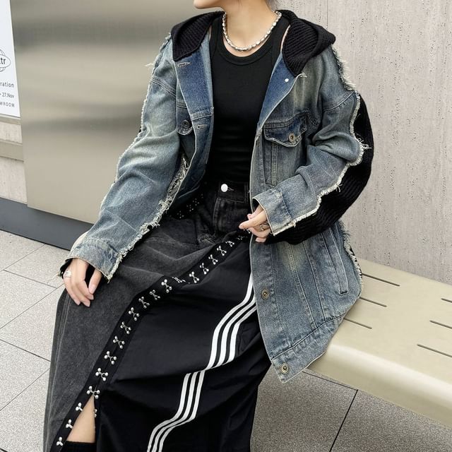 KUMI-Hooded Knit Panel Frayed Washed Denim Button Jacket