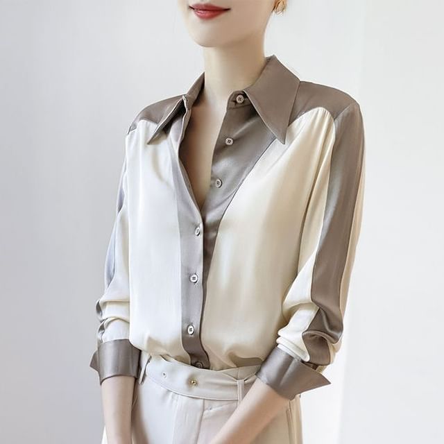INEN-Long-Sleeve Two Tone Blouse