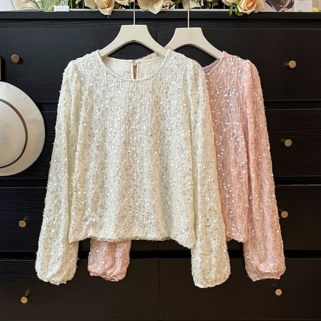 Lemongrass-Sequined Crew-Neck Loose Blouse