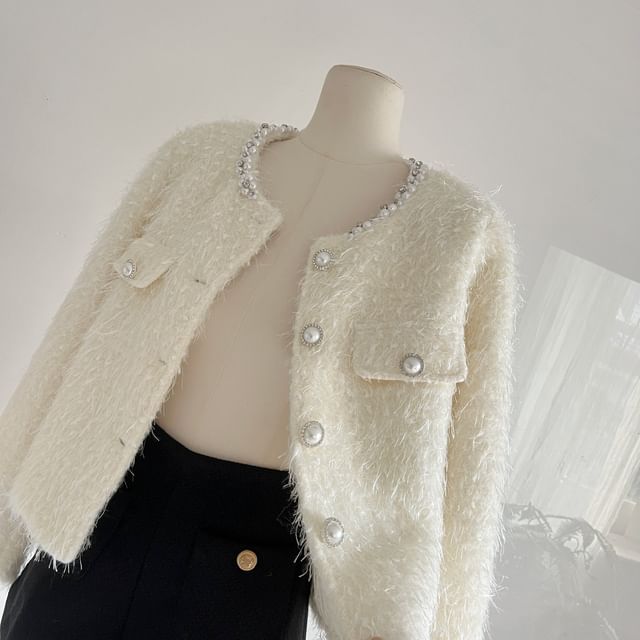 Gultown - Collarless Faux Pearl Button Tweed Jacket | YesStyle