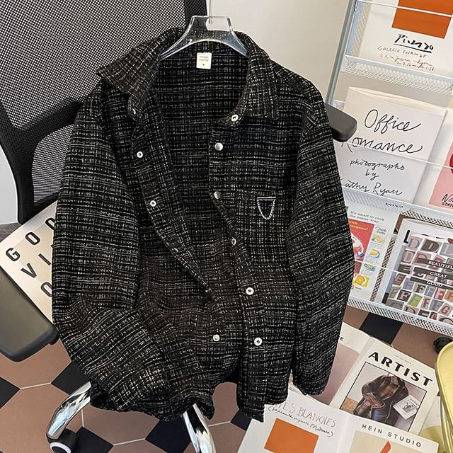 Whyessa-Collared Chained Button-Up Tweed Jacket