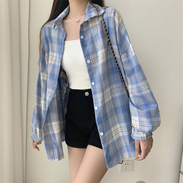 Arroba-Puff-Sleeve Plaid Shirt