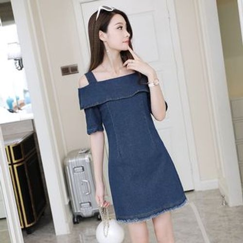 Happo - Off-Shoulder Short-Sleeve Denim Dress | YesStyle