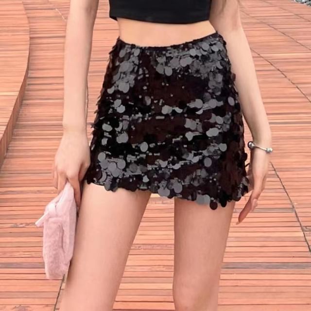 Everose-High Waist Sequined Mini Pencil Skirt