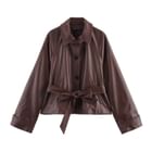 Overing - Set: Collared Button-Up Plain Faux Leather Trench Jacket ...